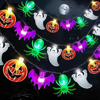 Комбинированные огни в виде паука-призрака и тыквы на Хэллоуин, гирлянды для оформления вечеринки на фестивале призраков, бар, планировка дома с привидениями.