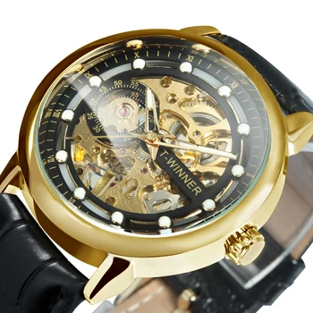 WINNER Классические винтажные мужские часы, лучший бренд, Роскошные Механические часы со скелетом, Светящиеся стрелки, Повседневные наручные часы с кожаным ремешком.