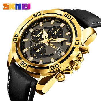 Кварцевые мужские часы SKMEI, хронограф, секундомер, лучший бренд, роскошные кожаные мужские военные спортивные часы, водонепроницаемые Relogio Masculino