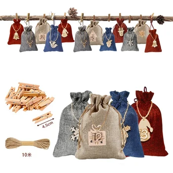 Набор подарочных пакетов с рождественским адвент-календарем на 24 дня на шнурке с рождественским подвесным деревянным пакетом для конфет
