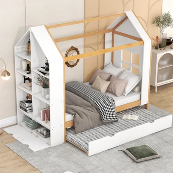 Двухразмерная кровать-платформа для дома с полками для хранения и двухразмерным багажником, белый