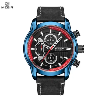 MEGIR Модные мужские часы Водонепроницаемые Светящиеся спортивные наручные часы Мужские Кожаные Хронограф Кварцевые наручные часы Reloj Hombre 2104
