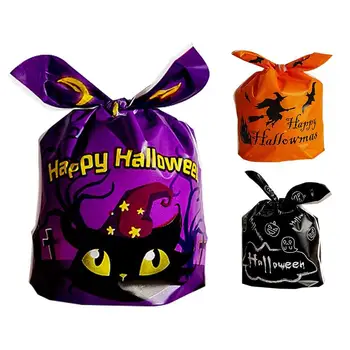 50 шт. мешков для угощений на Хэллоуин, портативная сумка для новинок с жутким мультяшным котом с заячьими ушками, многоразовая упаковка для закусок для шоколадного печенья