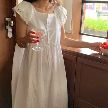 Женская ночная рубашка с летящим рукавом, летняя открытая однотонная женская домашняя одежда, Свободная ночная рубашка с пуговицами в корейском стиле для женщин
