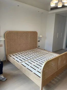 Простая современная кровать из ротанга из массива дерева, мебель для гостиниц и гостевых домов на заказ