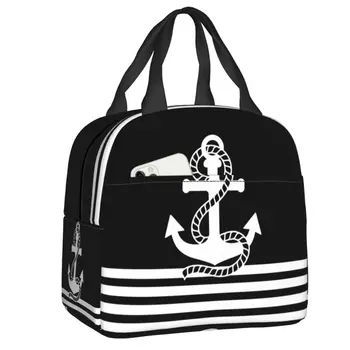 Черно-белый Ланч-бокс в морскую полоску с якорями, женский кулер, Термоизолированный ланч-бокс для школьников, студенческие сумки-тоут