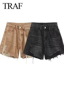 Женские летние джинсовые брюки TRAF 2023, Однотонный карман на пуговицах, Высокая талия, Рваные женские Новые Модные винтажные шорты, Брюки