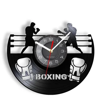 Виниловая пластинка в стиле Боксерской игры Настенные часы boxing Club Подвесной декор Boxer Arena Перчатка Силуэт Настенные Часы с подсветкой