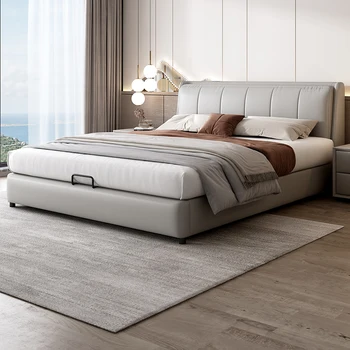 Кожаная кровать modern simple 2023 новая 1,8 м большая кровать в главной спальне итальянская минималистичная светлая роскошная современная кожаная кровать