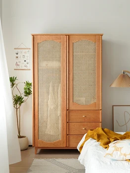 Скандинавский шкаф из массива дерева, плетеный из ротанга, минималистичный шкаф для хранения, спальня, винтажный шкаф из вишневого дерева, вертикальный шкаф