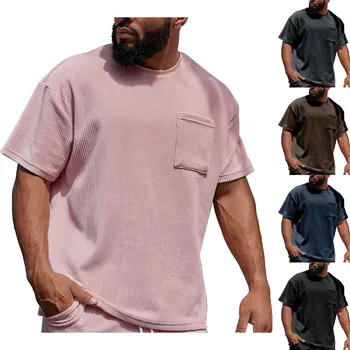 Длинная футболка, мужская мода, весна и лето, повседневные вельветовые футболки высокого размера с короткими рукавами и круглым вырезом для мужчин, мужские футболки