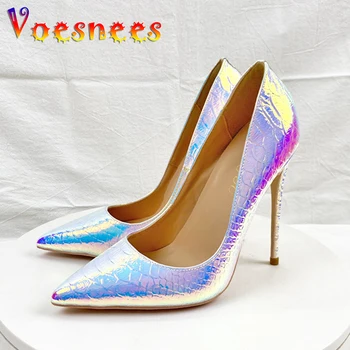 Блестящий Лазерный дизайн, Летние Женские туфли на высоком каблуке со змеиным узором, меняющие цвет, 10 см, Модные туфли-лодочки на шпильке с острым носком, Большой размер 43