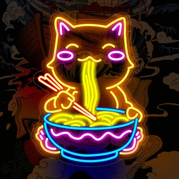 Неоновые вывески Lucky Cat, Рамен, японская лапша, ночник, Индивидуальный неоновый декор стен в стиле Аниме, Ресторан, Магазин подарков ручной работы, светодиодные фонари