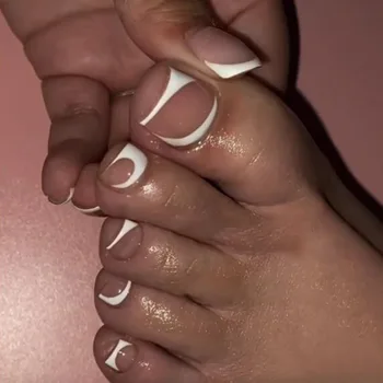 Модные простые белые геометрические французские накладные ногти, полностью закрывающие носок, короткие накладные ногти плоской формы с клеем