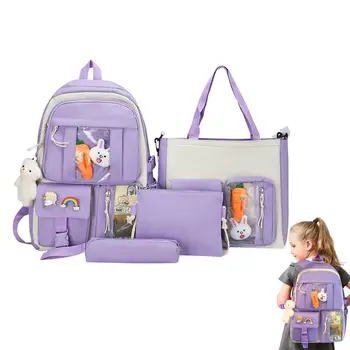 Школьный рюкзак для девочек, 4 предмета, набор рюкзаков Kawaii, сумка через плечо, сумка для карандашей, поясная сумка с милыми булавками и подвесками для девочек
