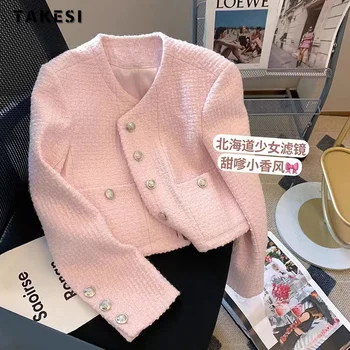 Осень-зима 2023, женская однобортная повседневная розовая куртка в корейском стиле, милая верхняя одежда с круглым вырезом, модное однотонное пальто