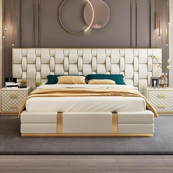 Новая Роскошная кровать Большого размера с матрасом В изголовье Дизайнерская мебель для спальни С рамой размера King/ Queen Size, Кожаная кровать высокого качества