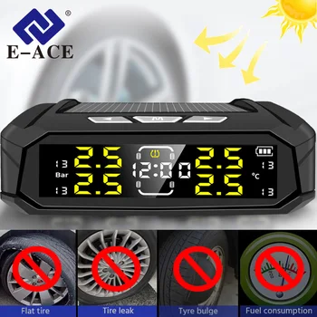 E-ACE K19 Solar Power TPMS, Сигнализатор давления в автомобильных шинах, Электронные часы, ЖК-экран, Предупреждение о температуре, монитор безопасности