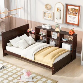 Двуспальная кровать-платформа в минималистичном стиле с выдвижными ящиками и полками, пружинный блок не требуется, удобна для детской спальни