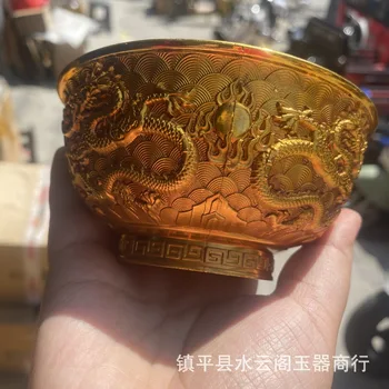 Старинная бронзовая чаша туристических сувениров Цзюлун Золотая Чаша Шуанлун Медная Чаша Домашний Китайский Классический Чайный Сервиз Ремесла