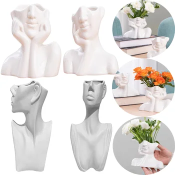 Скандинавская керамическая ваза для цветов, Белая Художественная ваза с человеческим лицом, Современная скульптура, горшок для цветов, украшение рабочего стола в гостиной