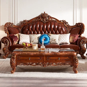 Вилла в европейском стиле, полностью из массива дерева, резной чайный столик с цветами, гостиная, роскошный мраморный журнальный столик, шкаф для хранения, большой