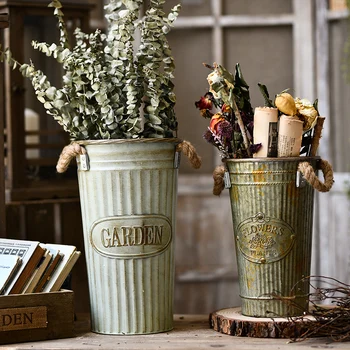 Винтажная ваза с железной ручкой, Ностальгические украшения для цветочного горшка, ведро для гостиной, Сухоцветы, декор из железного ведра, Цветочная посуда