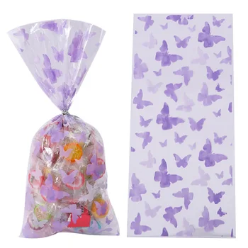 50шт Пакет с фиолетовой бабочкой opp прозрачный пакет для конфет, печенья, десертов упаковочный пакет плоский карманный пакет для запечатывания проволоки