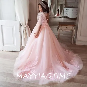 Розовое платье с цветочным узором для девочек, кружевное платье принцессы с длинными рукавами трапециевидной формы, праздничное платье на день рождения