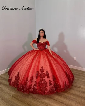 Красное Роскошное Пышное платье из тюля с открытыми плечами 2023 Бальное платье Charro Mexican Dress vestido de 15 quinceañera 2023 azul zafi