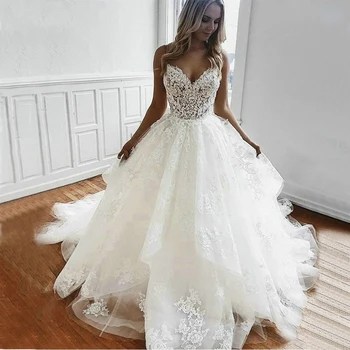 Свадебное платье с аппликацией из белого тюля на двойных бретелях, свадебное платье на бретельках с открытой спиной, пляжное платье с кружевными оборками, Vestido De Noiva