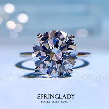SpringLady Стерлинговое серебро 925 пробы 10 мм Кольца с высокоуглеродистыми бриллиантами для женщин, женские ювелирные украшения со сверкающими драгоценными камнями