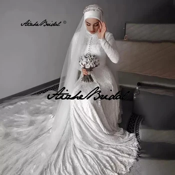 Элегантное белое мусульманское свадебное платье с высоким воротом, кружевное платье невесты со шлейфом и длинным рукавом трапециевидной формы