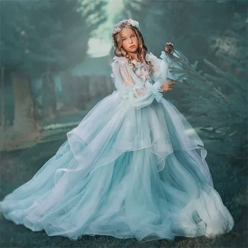Свадебные платья принцессы с цветочным узором, кружева, тюль, длинные рукава, платья для первого причастия, дня рождения, выпускного вечера, бальная одежда