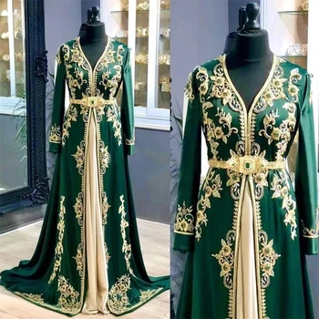 Зеленый Марокканский кафтан, мусульманские вечерние платья трапециевидной формы с длинными рукавами, аппликации, Арабский кафтан из Турции, Исламское вечернее платье из Дубая