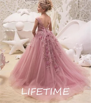 Новые платья с цветочным узором для девочек, Розовые платья для Первого причастия для девочек, бальное платье, расшитое бисером, Пышные платья Vestido De Daminha