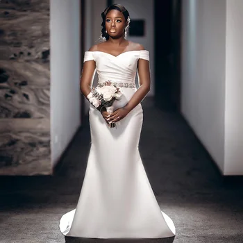 Элегантное свадебное платье Русалка с открытыми плечами, кристально белые свадебные платья для женщин 2023, атласное свадебное платье для невесты с V-образным вырезом