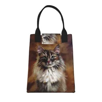 Бумажная сумка для ланча с винтажной росписью кота, сохраняющая свежесть Сумка для ланча с крючком-петлей, Теплоизоляционная сумка для ланча