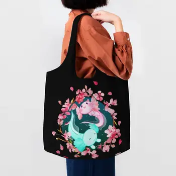 Холщовая хозяйственная сумка Axolotl Yin Yang Cherry Blossoms Женская Многоразовая Большая вместительная сумка для покупок с саламандрой и животными