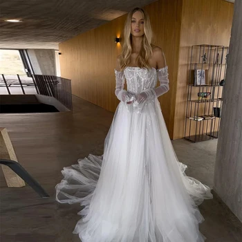 Роскошные свадебные платья Элегантные платья невесты с открытыми плечами и длинными рукавами Изысканная кружевная аппликация Сексуальная спинка