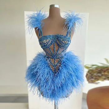 Мини-платье для выпускного вечера с голубыми перьями, современный стиль, мода, Квадратный воротник, жемчуг, Короткие Бальные платья, Элегантное Вечернее женское платье для вечеринок 2023 г.