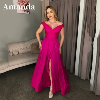 Простое платье для выпускного вечера Amanda С открытыми плечами, Элегантное Ярко-Розовое Платье А-силуэта, Макси С Разрезом Сбоку, Атласное Vestidos De Noche