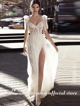 Свадебные платья с высокими разрезами, без спинки, богемный сексуальный вырез, кружевные свадебные платья-спагетти с аппликацией 2023, свадебное платье большого размера