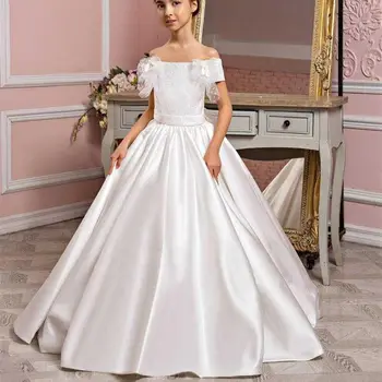 Элегантное свадебное платье с открытыми плечами для девочек в цветочек, длина до пола, вечерние бальные платья принцессы с атласным бантом и кружевом для первого причастия