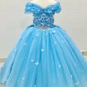 Роскошное небесно-голубое блестящее платье в цветочек для девочек На свадьбу, аппликации с бантами, хрустальные бальные платья, милое детское платье vestidos para niñas