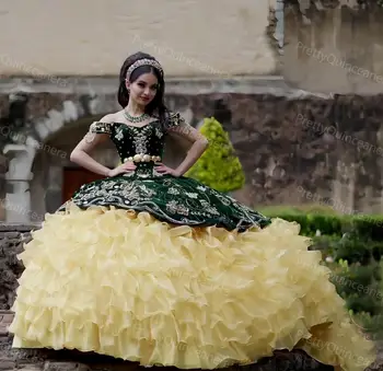 Изумрудно-зеленое Бархатное платье Charrao Quinceanera с легкой золотой вышивкой и оборками из органзы, Мексиканское платье Vestido 15 Quinceanera