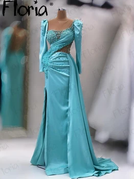 Мусульманское вечернее платье с жемчугом большого размера, голубое, с длинным рукавом, со шлейфом сбоку, Атласные платья для свадебной вечеринки, женский халат для званого вечера