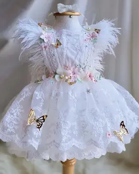 Белые платья с бабочками и цветочницами из перьев для свадеб, кружевное детское платье для дня рождения, тюлевое платье для девочек, нарядные платья для вечеринок