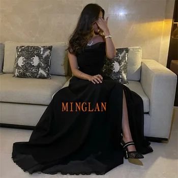MINGLAN Черное Элегантное вечернее платье трапециевидной формы без рукавов в складку, с высоким боковым разрезом, длиной до пола, со шлейфом для выпускного вечера.