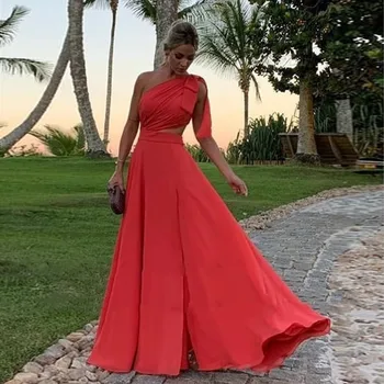 Красные шифоновые платья для выпускного вечера трапециевидной формы, длинное вечернее платье на одно плечо, Дубай, Арабские свадебные платья для женщин, праздничное платье